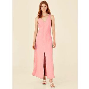 Haris Cotton V Neck Maxi Linen Dress in Warm Pink S NWOT